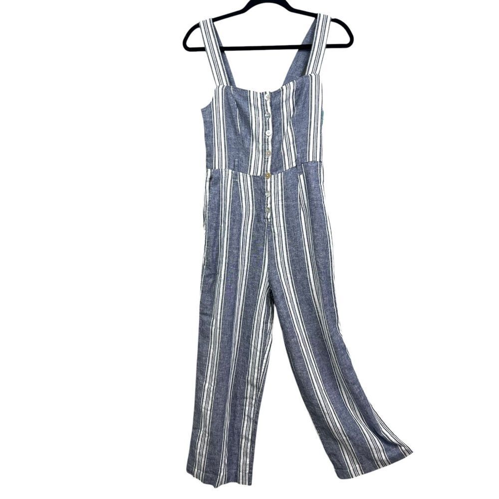 Rails Women Linen Blend Jumpsuit Harper Striped Smocked Pockets Blue White XXS* - Picture 3 of 6